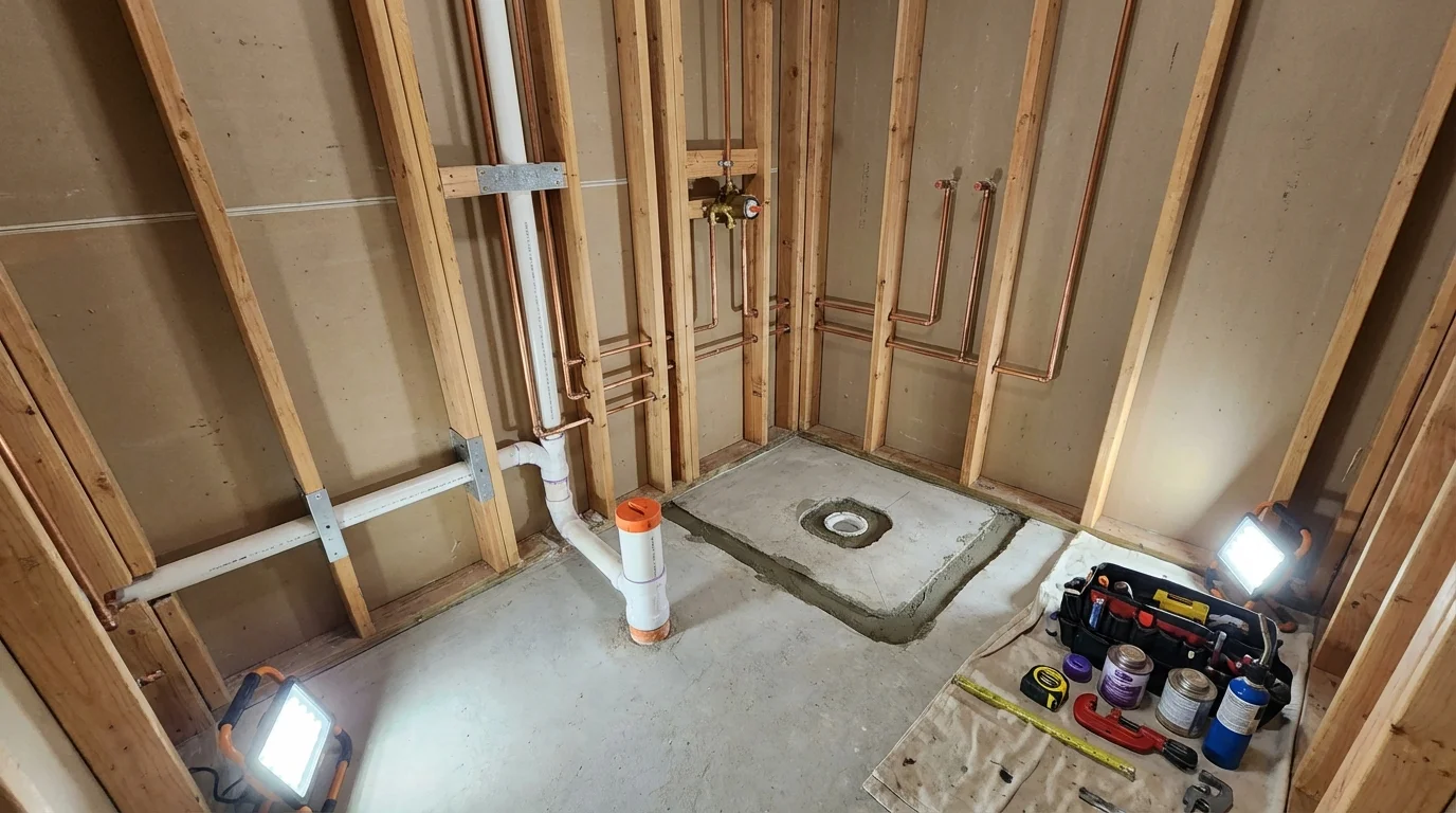 Bathroom rough-in plumbing during remodel by Johns Plumbing LLC in Fair Lawn