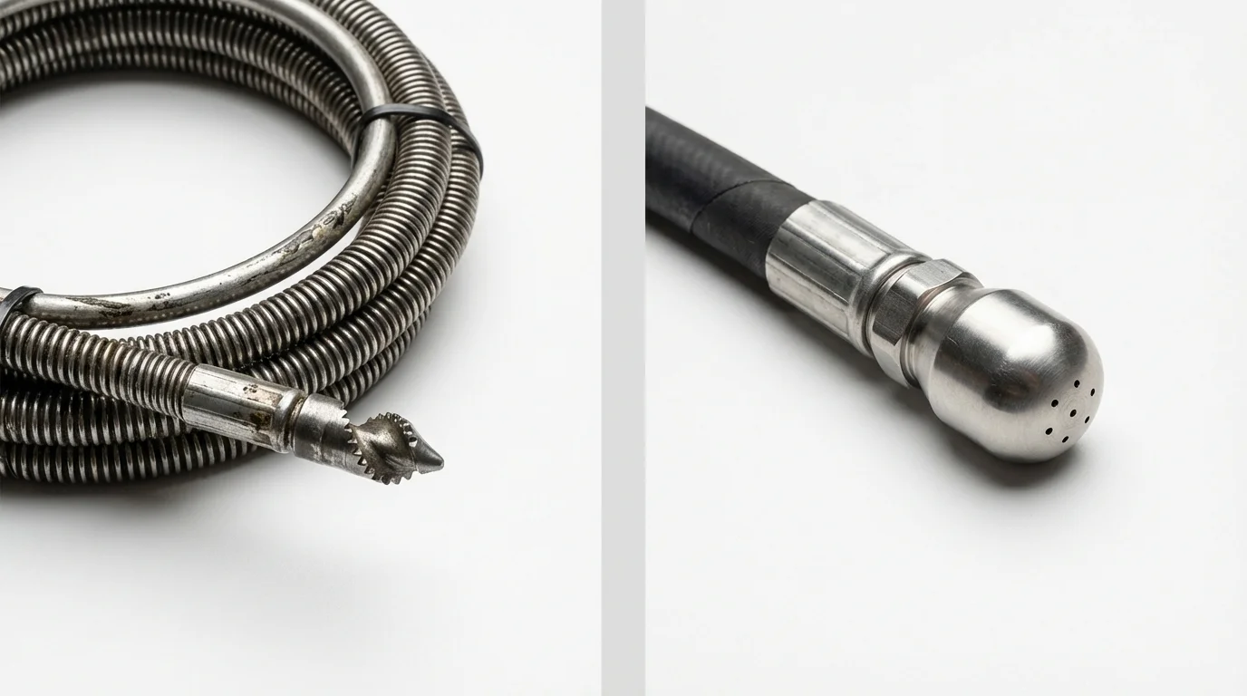 Drain snake cable and hydro jetting nozzle used for drain cleaning in Fair Lawn, NJ