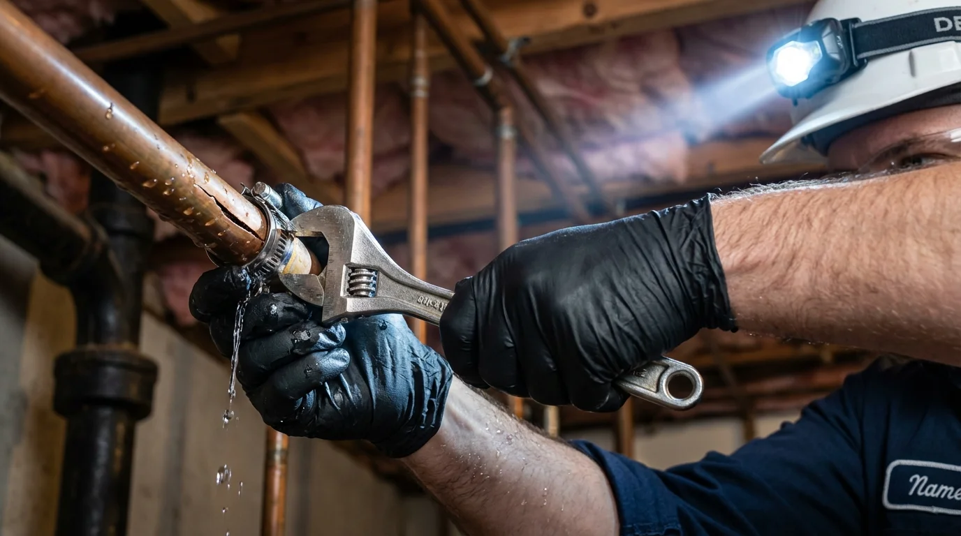 Emergency pipe clamp repair being performed by a Johns Plumbing LLC plumber in Fair Lawn