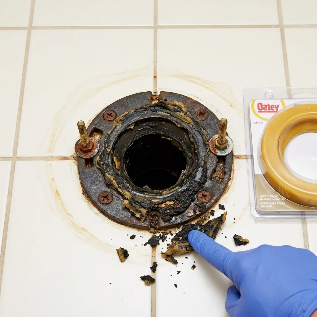 Failed wax ring showing water seepage at the base of a toilet in a Fair Lawn, NJ home