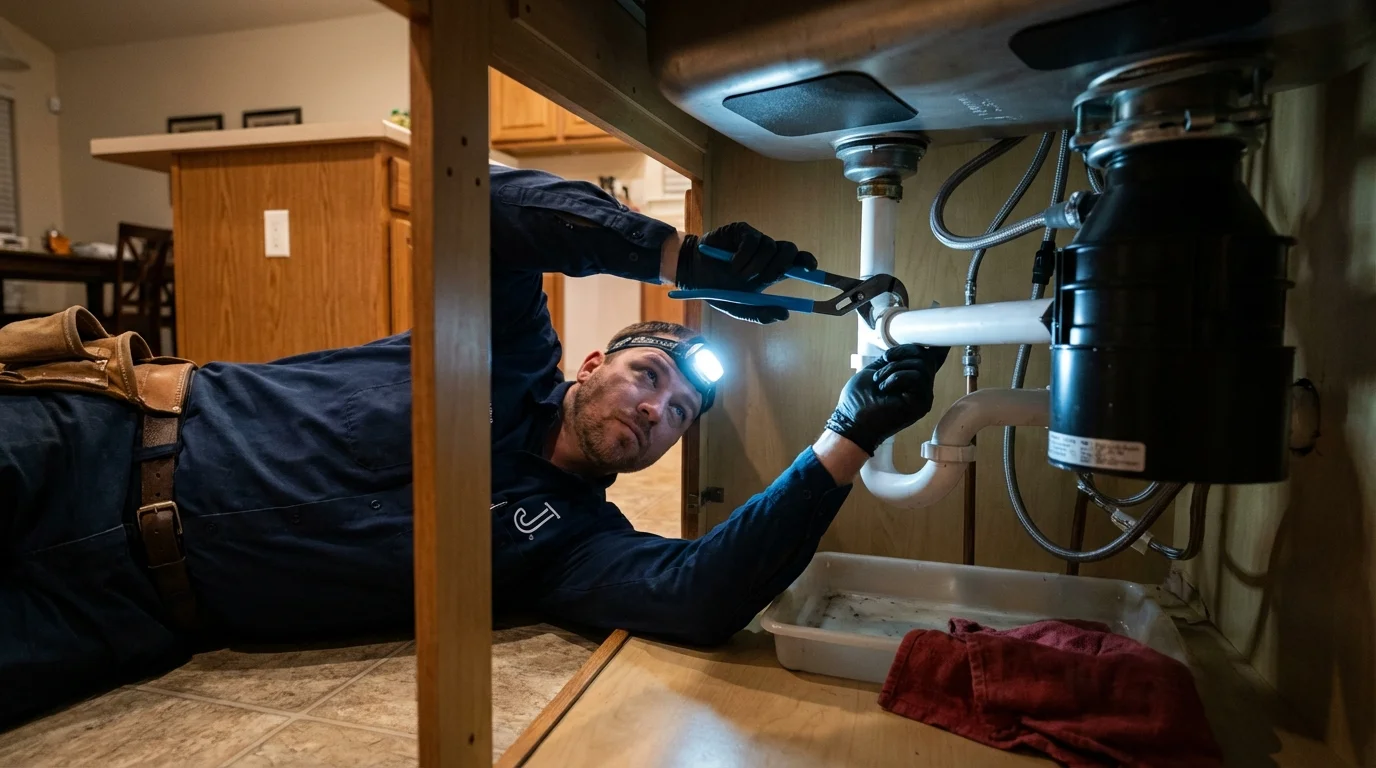 P-trap and supply line connections under a kitchen sink showing a common leak point in Fair Lawn, NJ